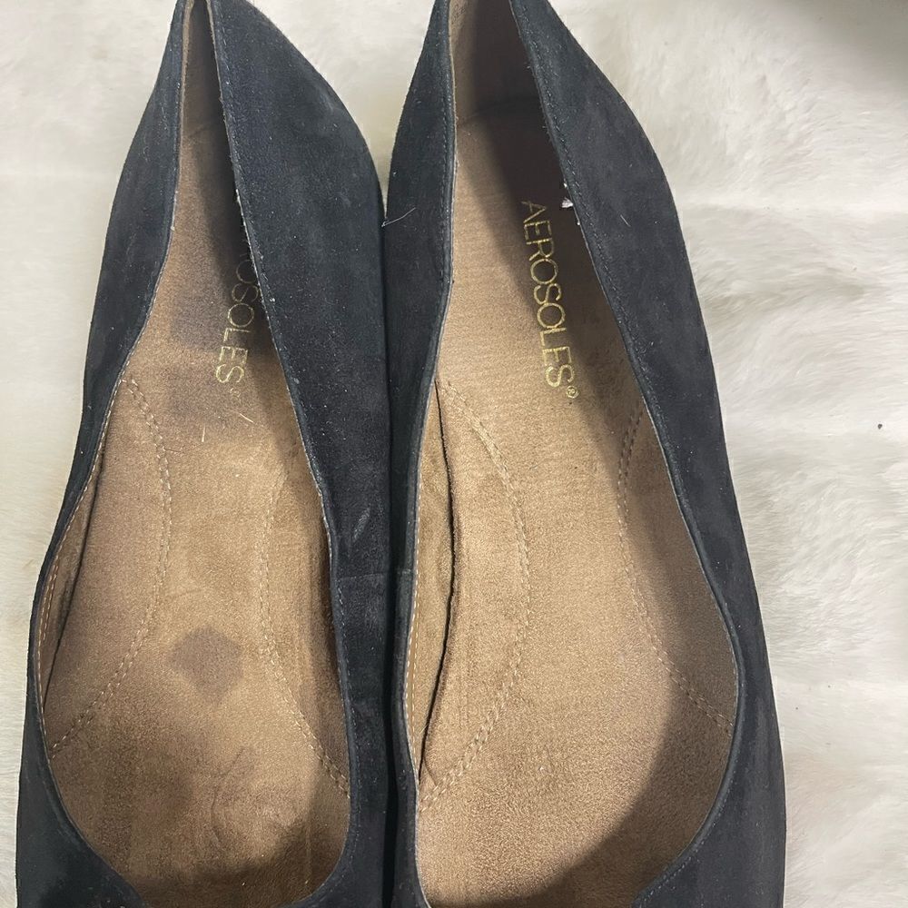 Aerosoles leather suede black slip on flats with gold tone buckle round toe SZ11 - Picture 3 of 10